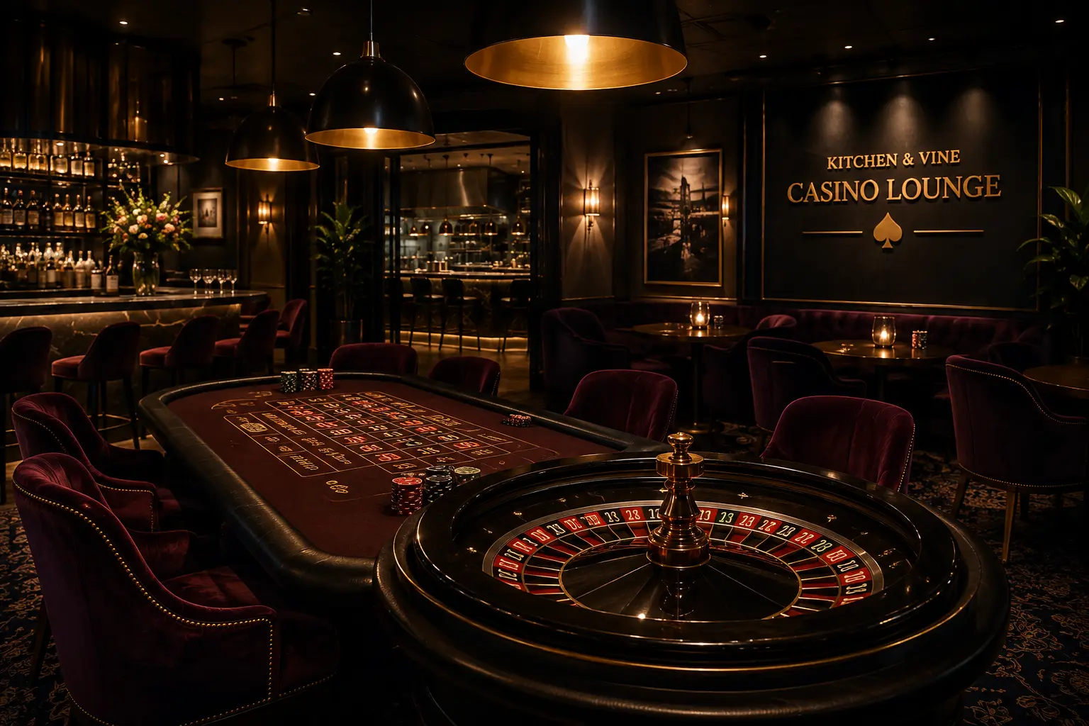 Roulette table in the Casino Lounge with soft pendant lighting and velvet chairs
