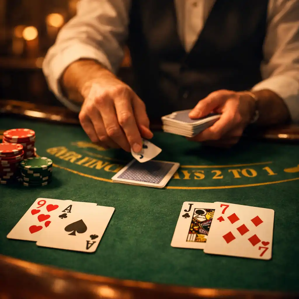 Dealer's hands dealing cards at a blackjack table