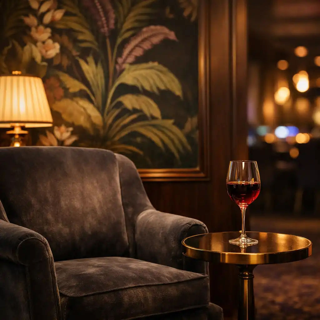 Velvet armchair and botanical wall motif in the Casino Lounge