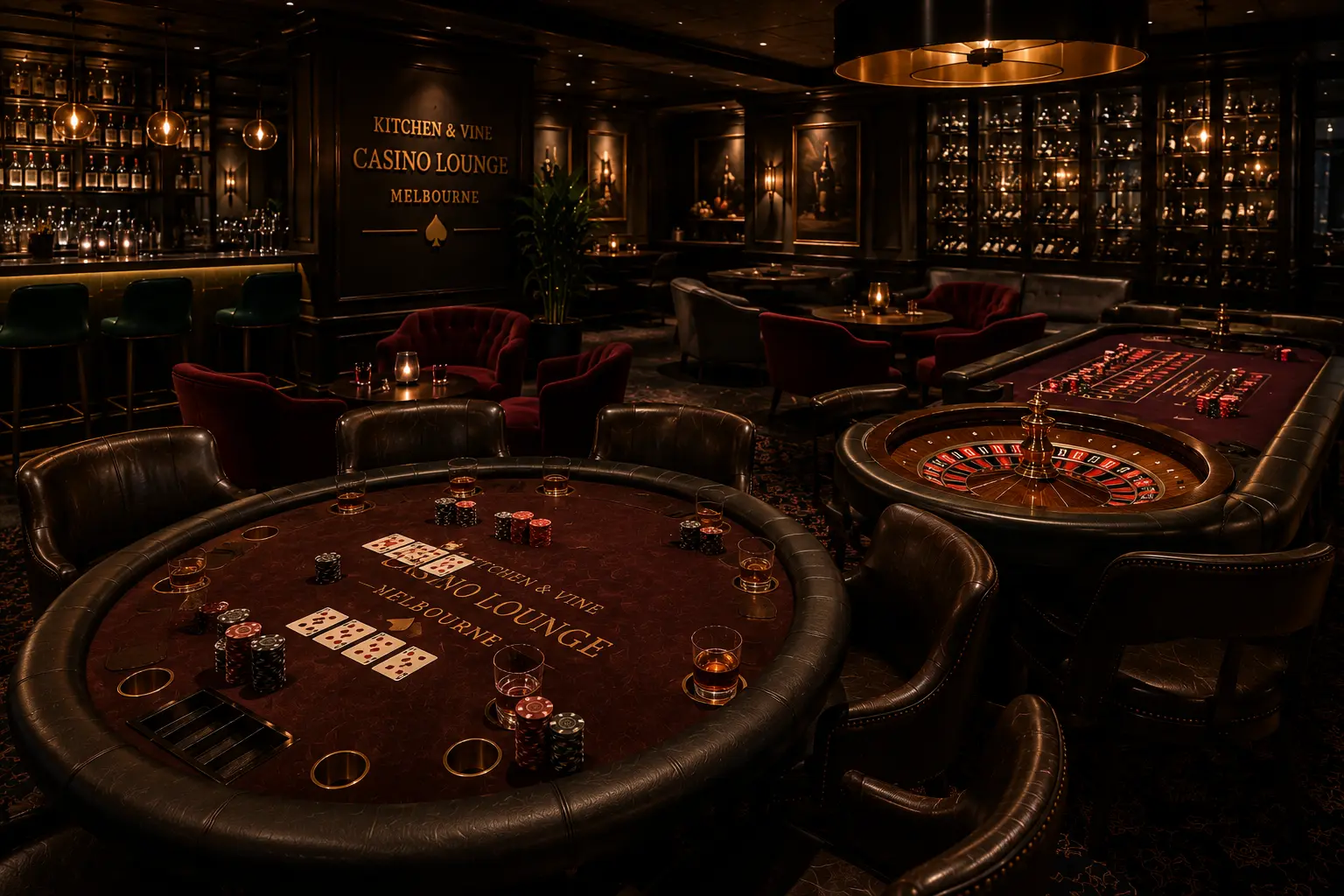 Sophisticated evening scene in a physical casino lounge with a poker table, roulette wheel, and elegant seating under warm, dim lighting