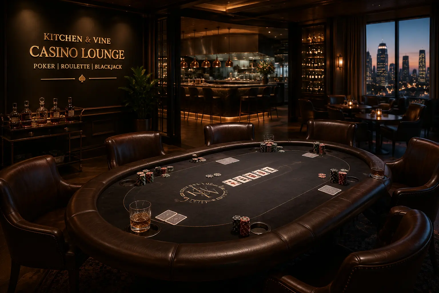 Elegant Casino Lounge at Kitchen & Vine with a poker table in warm evening light