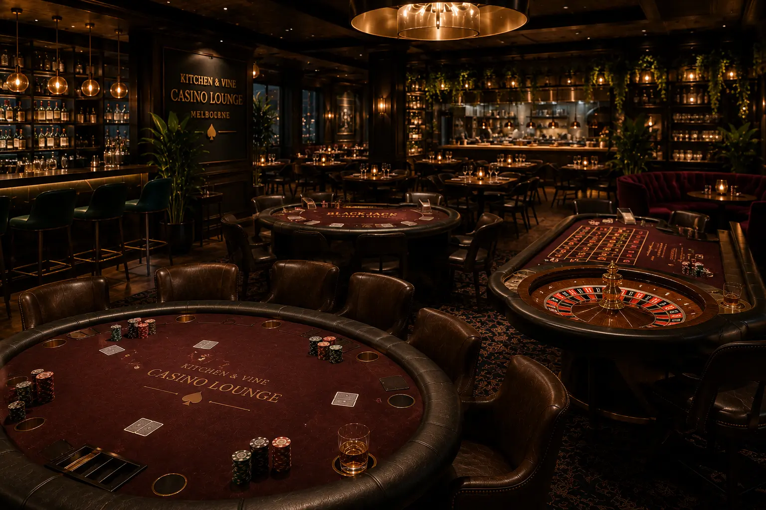Casino Lounge with poker, roulette, and blackjack tables in an elegant evening setting