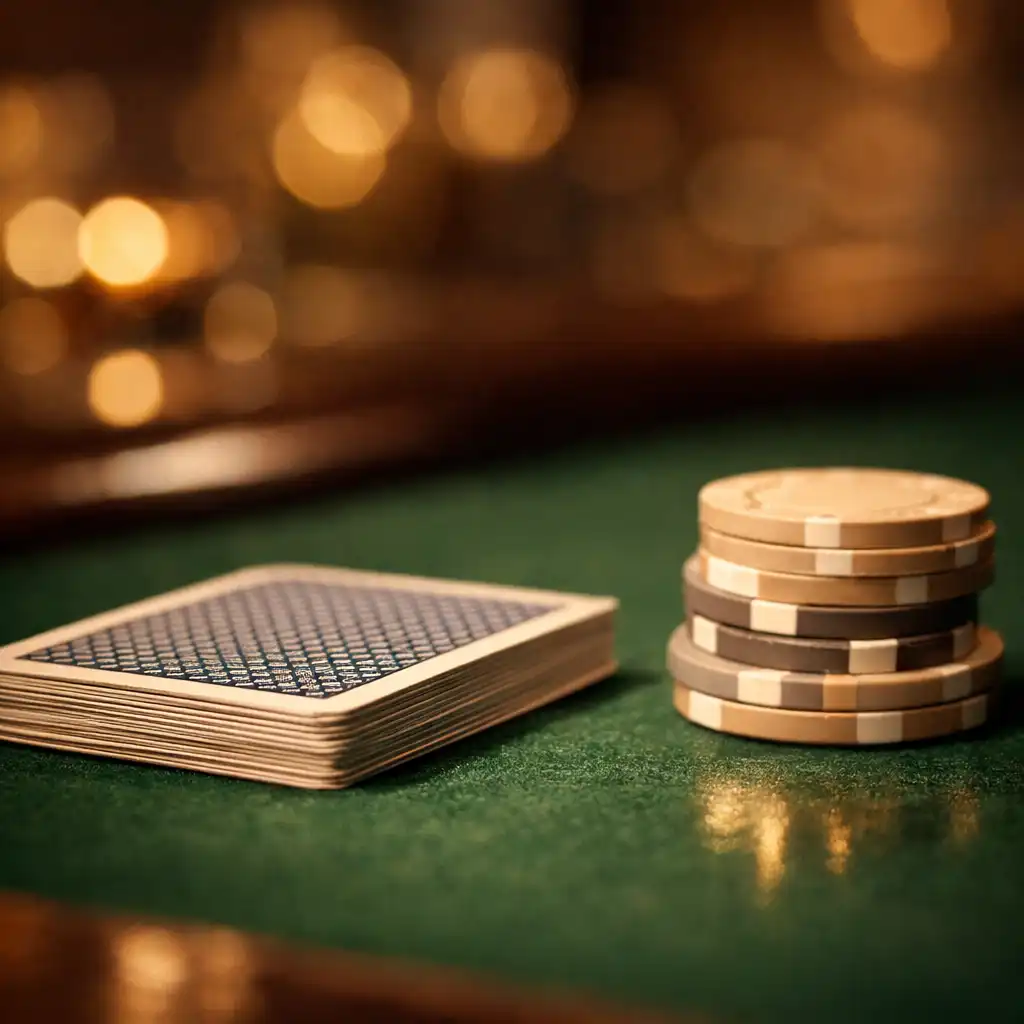 Close-up of a poker table with cards and chips in warm light