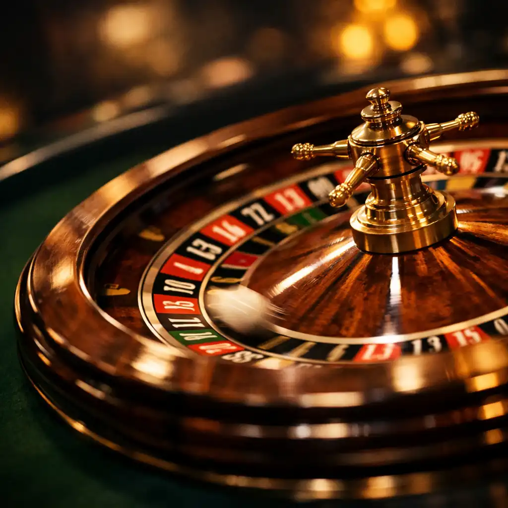 Roulette wheel in motion with dramatic warm lighting