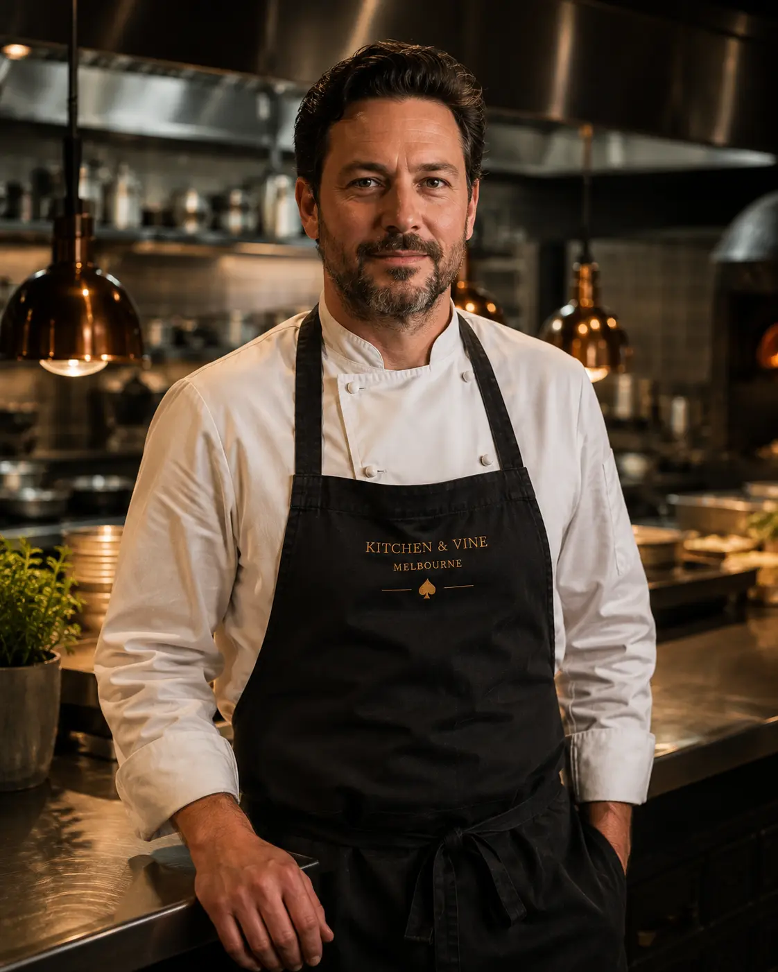 Portrait of the head chef in a white chef's coat and black apron, standing near a stainless steel counter