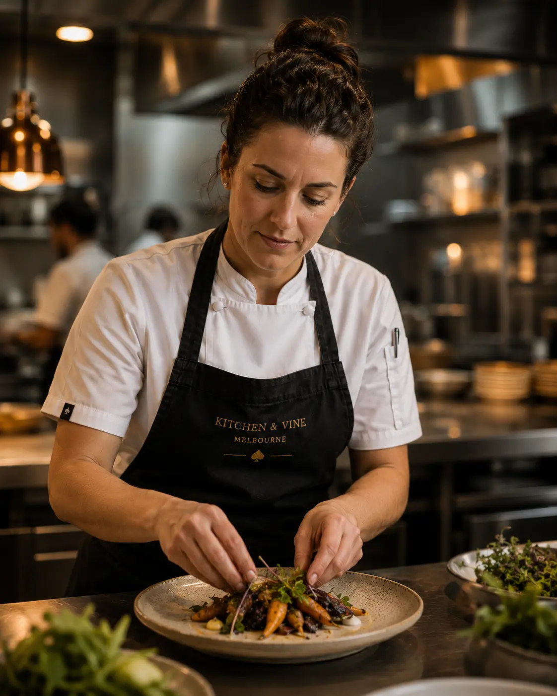 Portrait of the sous chef, a woman in her 30s, arranging vegetables on a plate in a modern kitchen