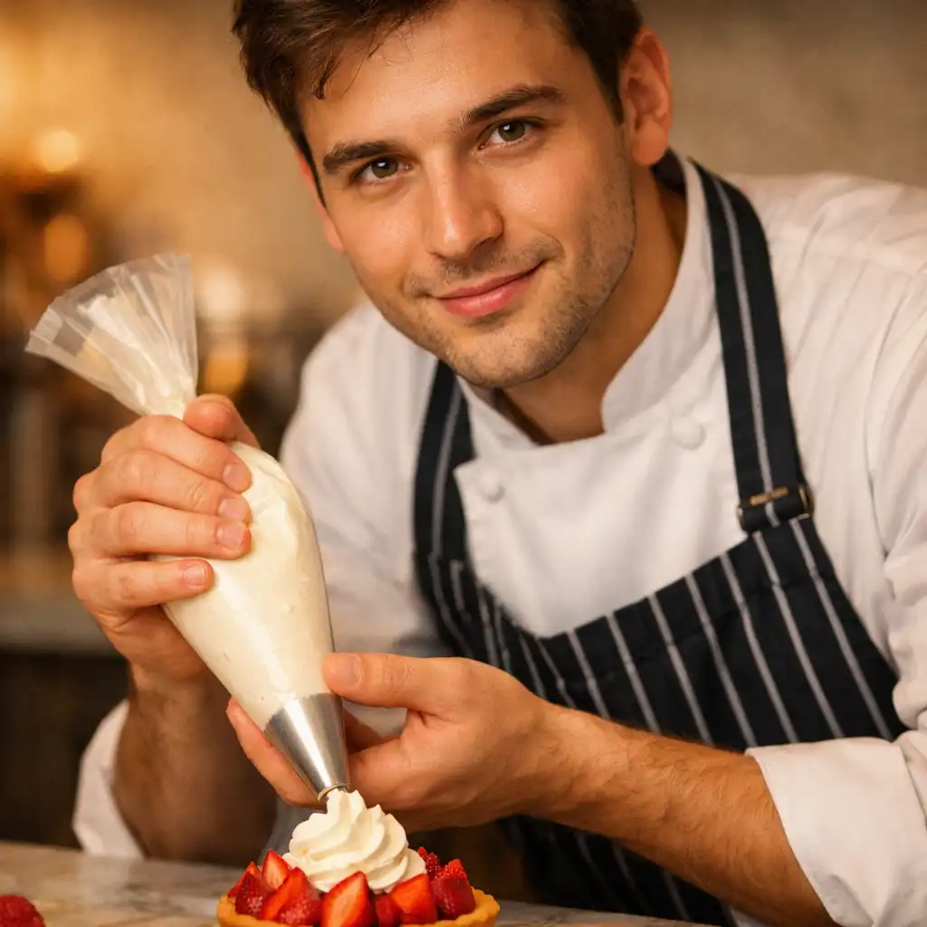 Portrait of the pastry chef, a man in his late 20s, holding a piping bag and decorating a dessert