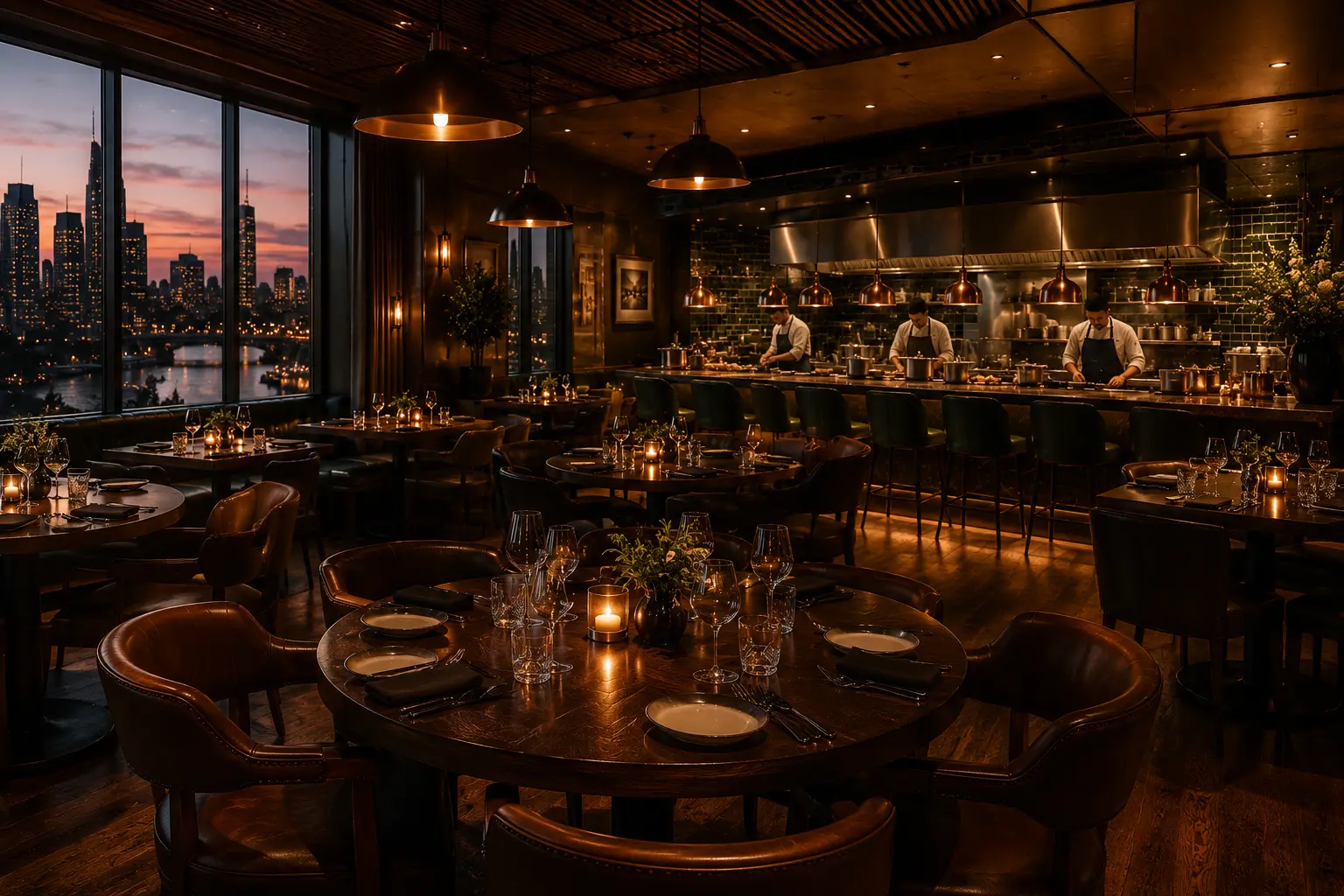 Warm dining room at Kitchen & Vine at dusk with candlelit tables and an open kitchen in the background