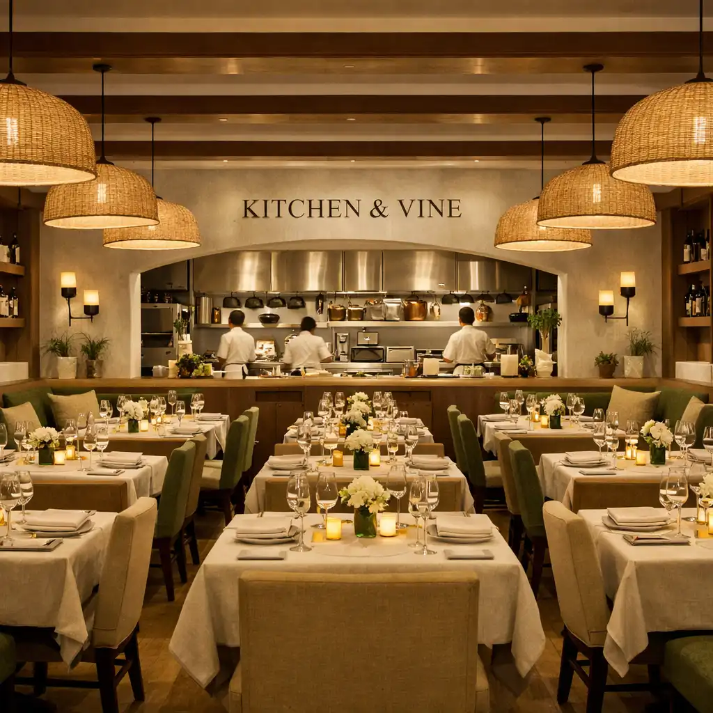 Main dining room at Kitchen & Vine with elegant table settings