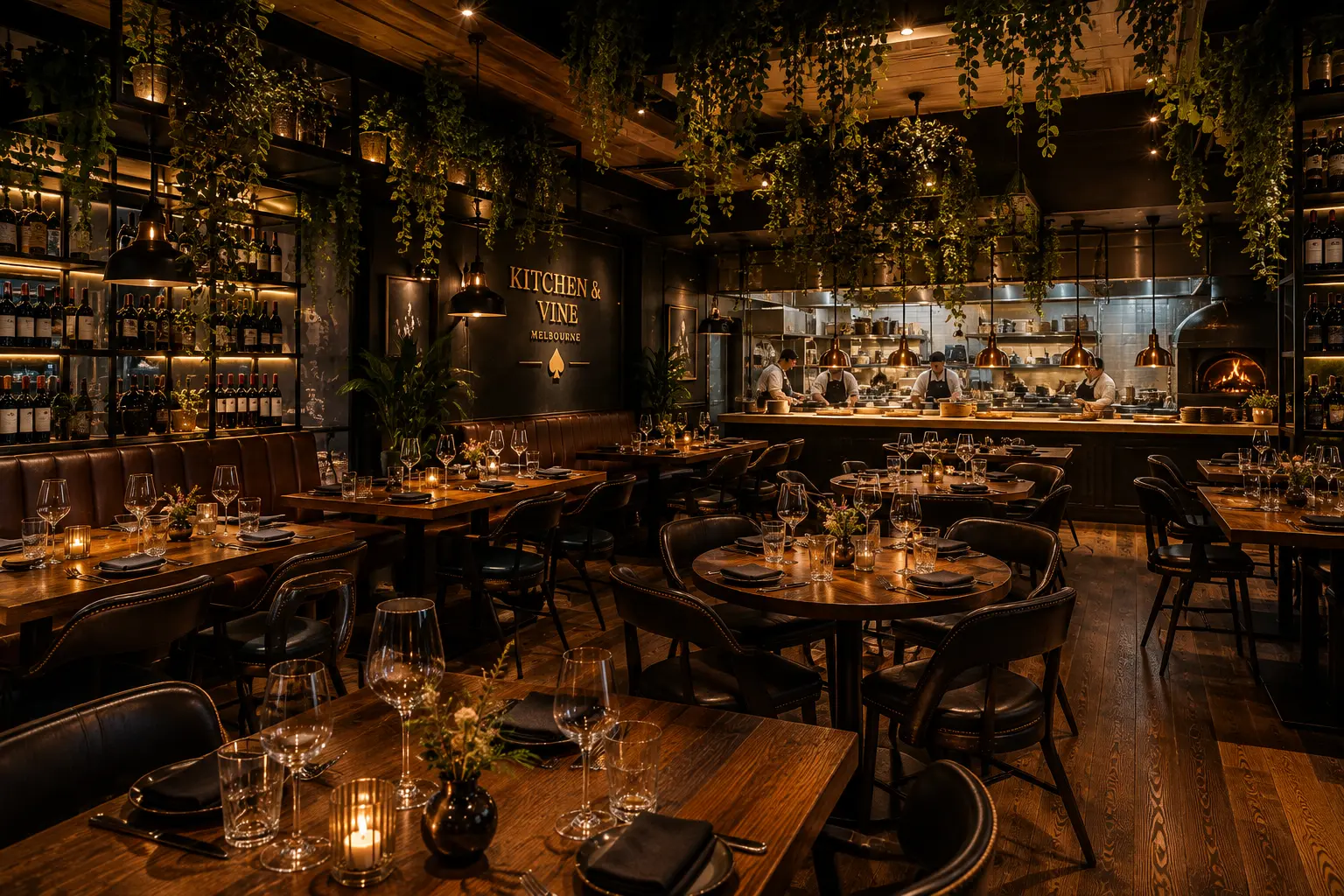Main dining room with timber tables, hanging greenery, wine displays, and the open kitchen in the background