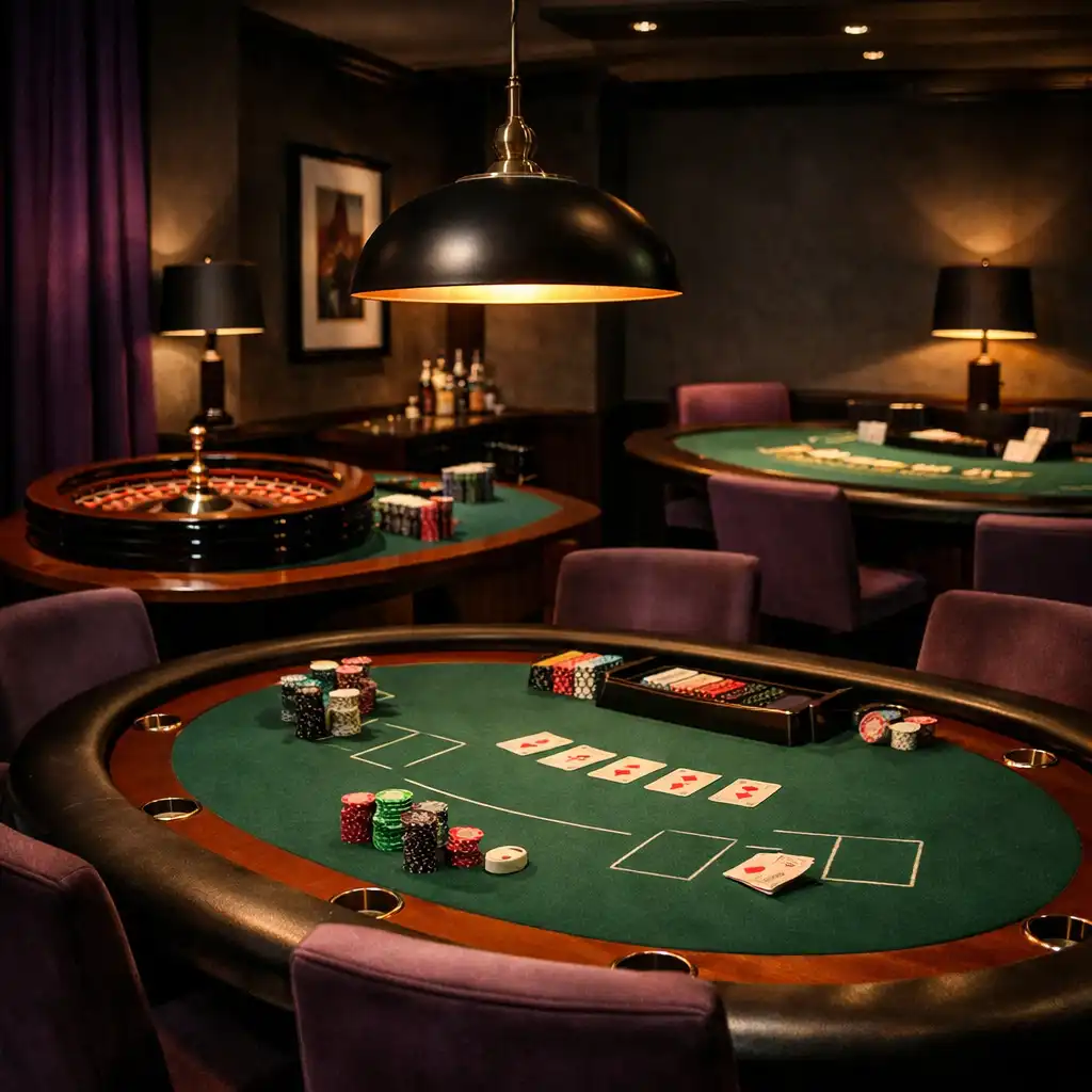 The physical Casino Lounge at Kitchen & Vine, featuring a poker table with green felt, a roulette wheel, and a blackjack table under warm focused lighting.