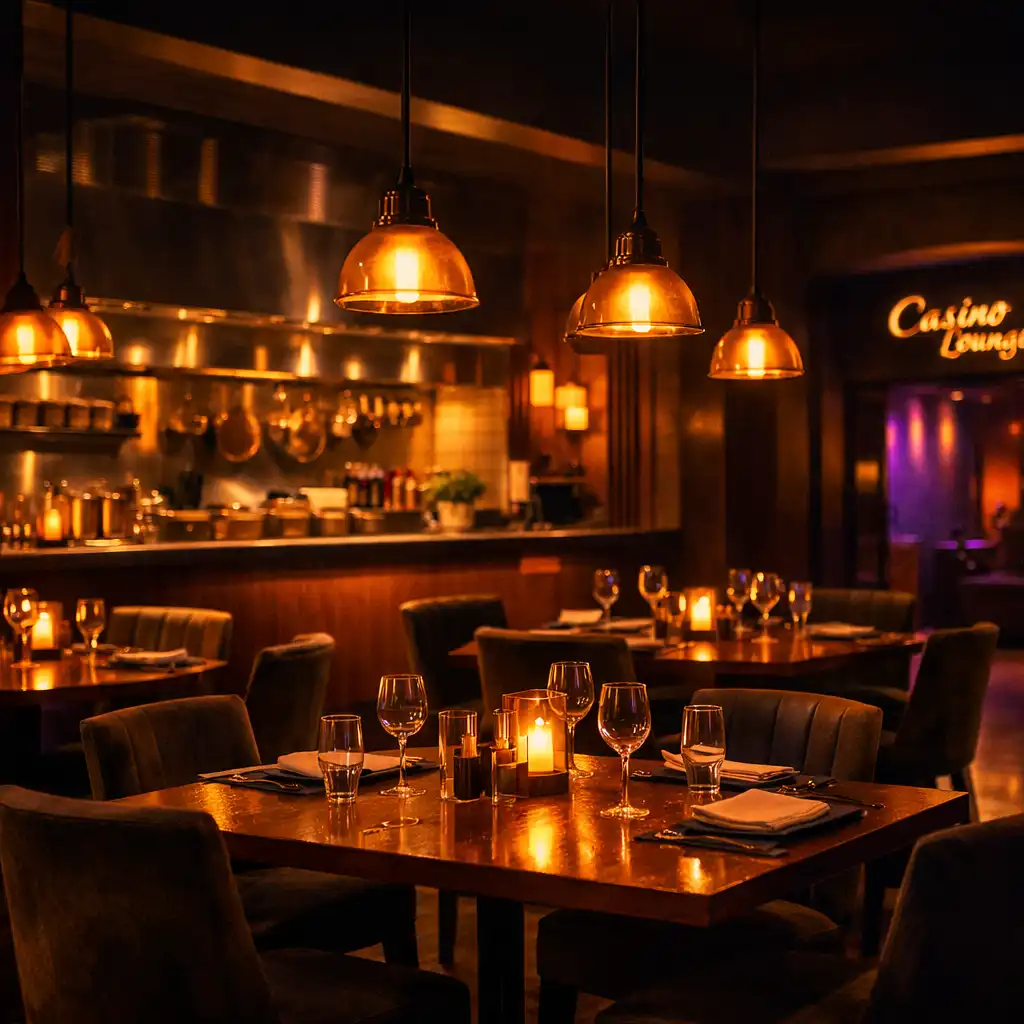 The Kitchen & Vine dining room at dusk, with pendant lights glowing warmly over tables and the open kitchen visible in the background.