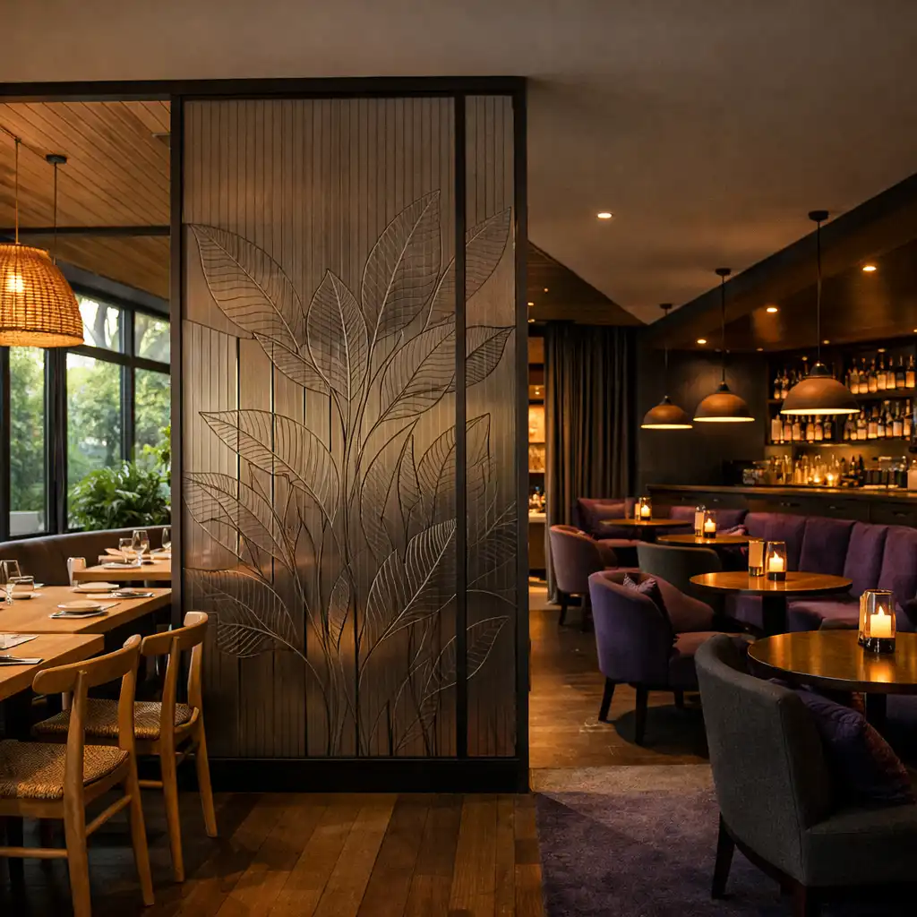 Wide view of the Kitchen & Vine dining room transitioning from bright natural light on the left to a darker, more intimate lounge area on the right.