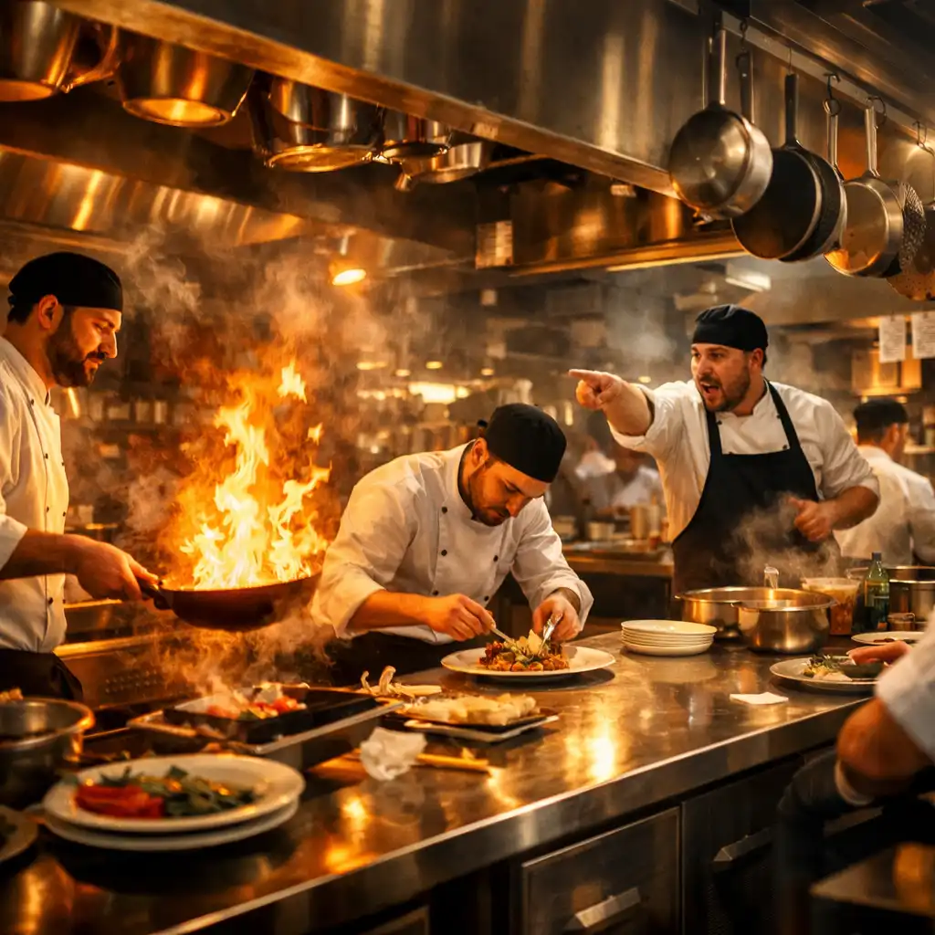 Wide shot of a busy open kitchen during dinner service, with chefs tossing pans, plating dishes, and calling out orders amid steam and warm light