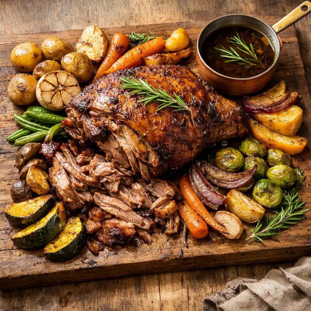 Slow-roasted lamb shoulder with rosemary jus and seasonal vegetables