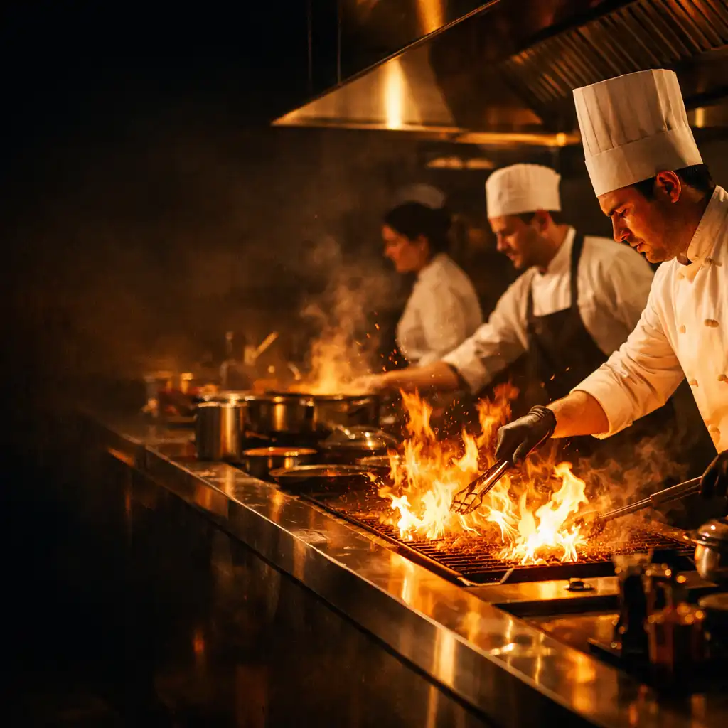 Chefs plating a dish in the open kitchen with seasonal produce nearby