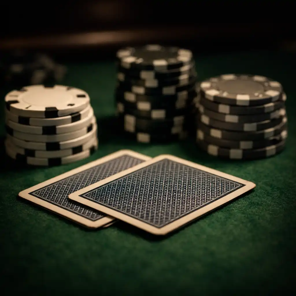 Close-up of poker chips and playing cards on a green felt table with warm, low lighting