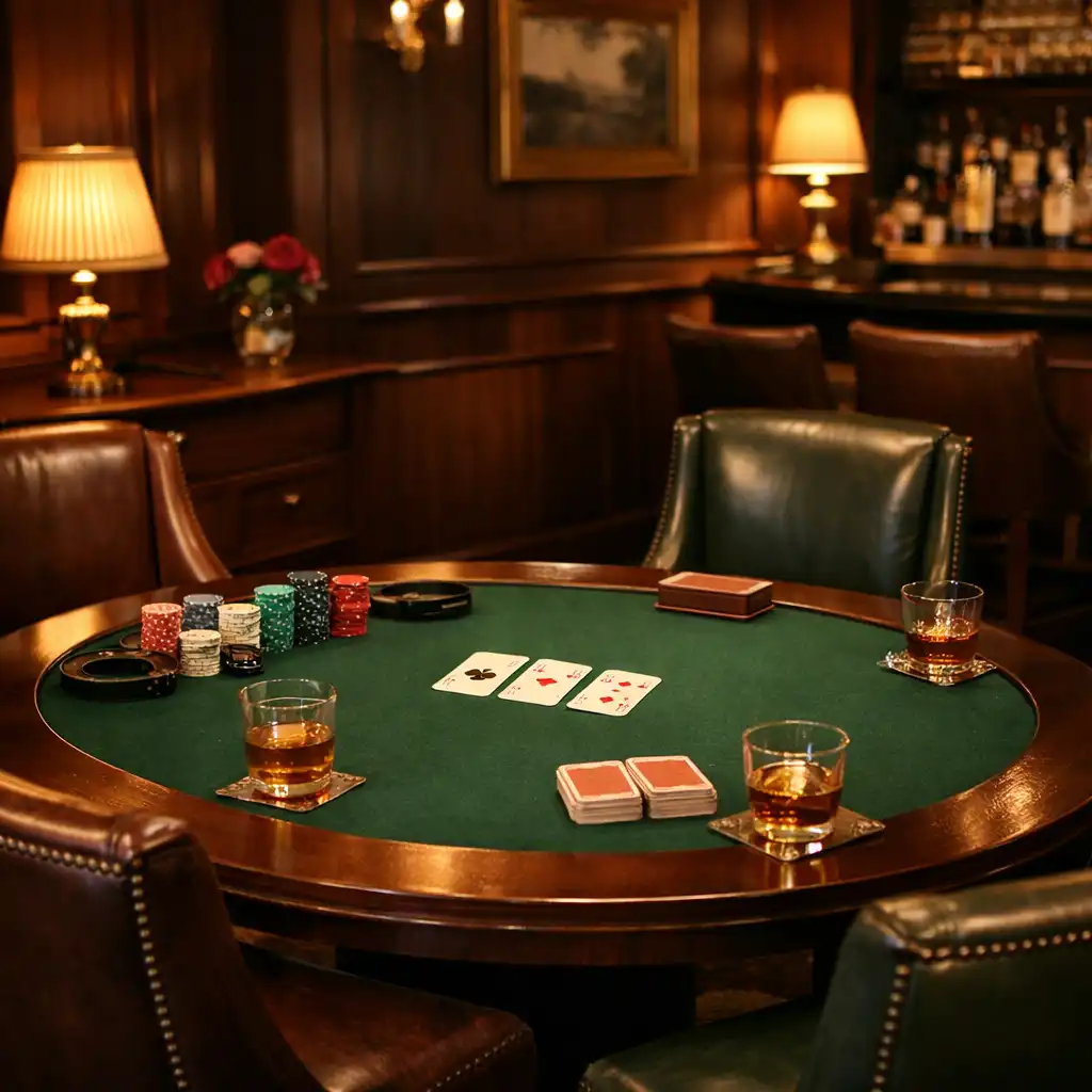 Warm, inviting poker area in the Kitchen & Vine lounge with a table, chairs, and soft lighting