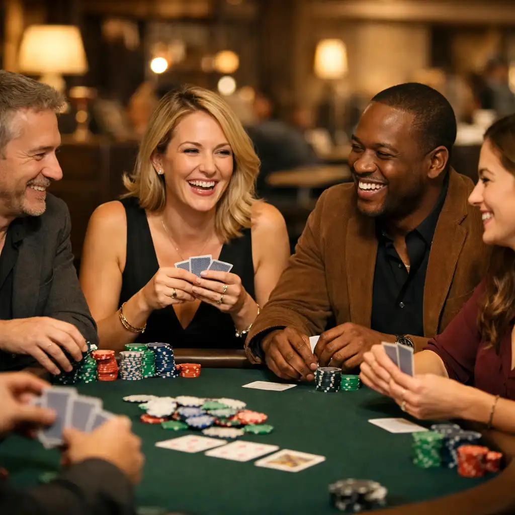A small group of people smiling and enjoying a poker game at an elegant lounge table