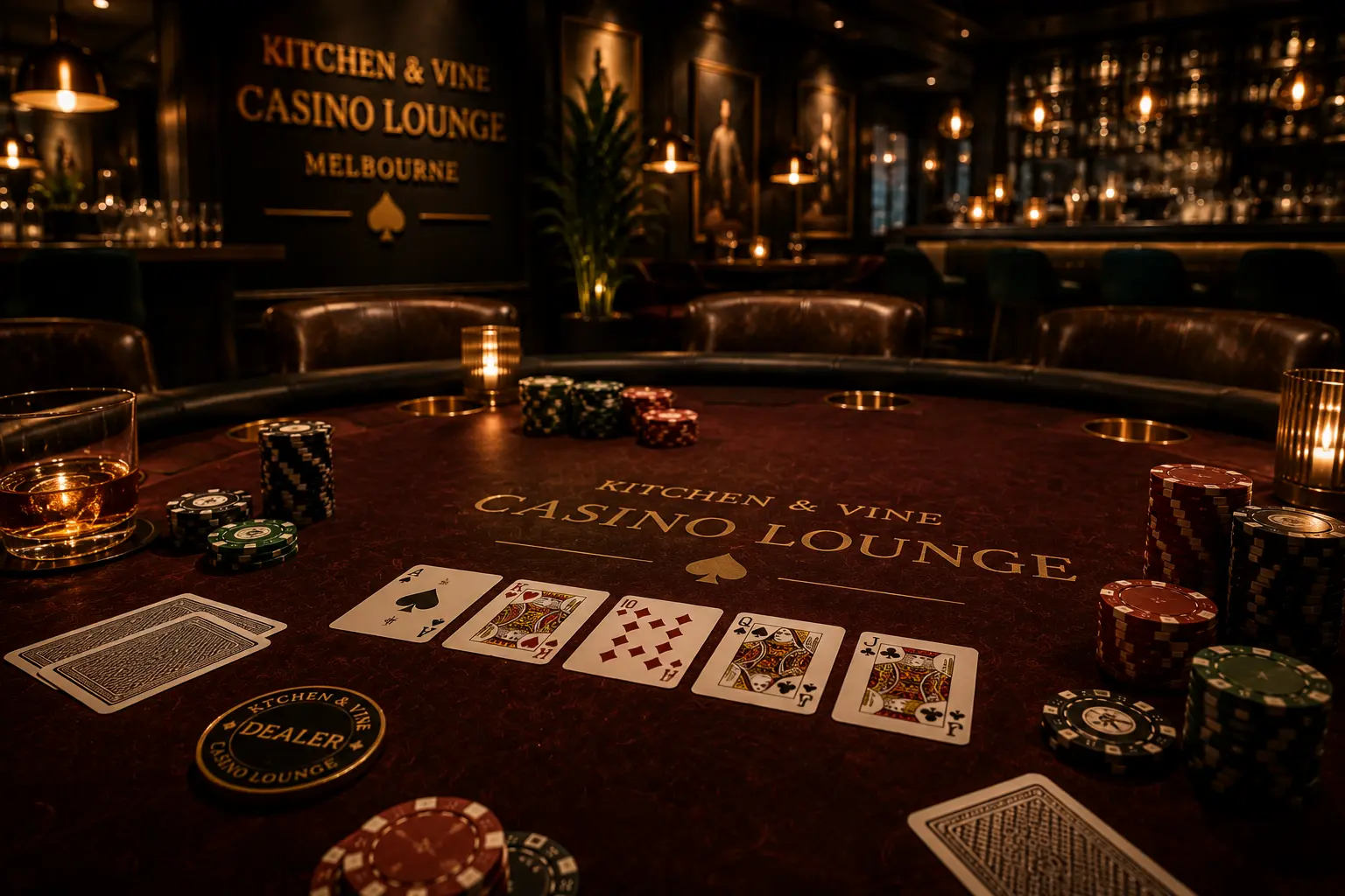 A cinematic poker table in the Kitchen & Vine Casino Lounge with warm ambient lighting, chips, and cards