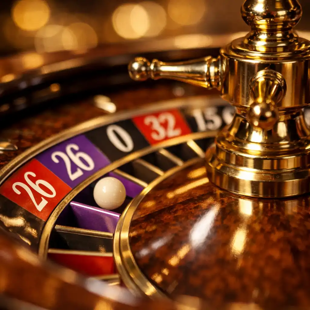 Close-up detail of the roulette wheel's numbered pockets and brass fittings