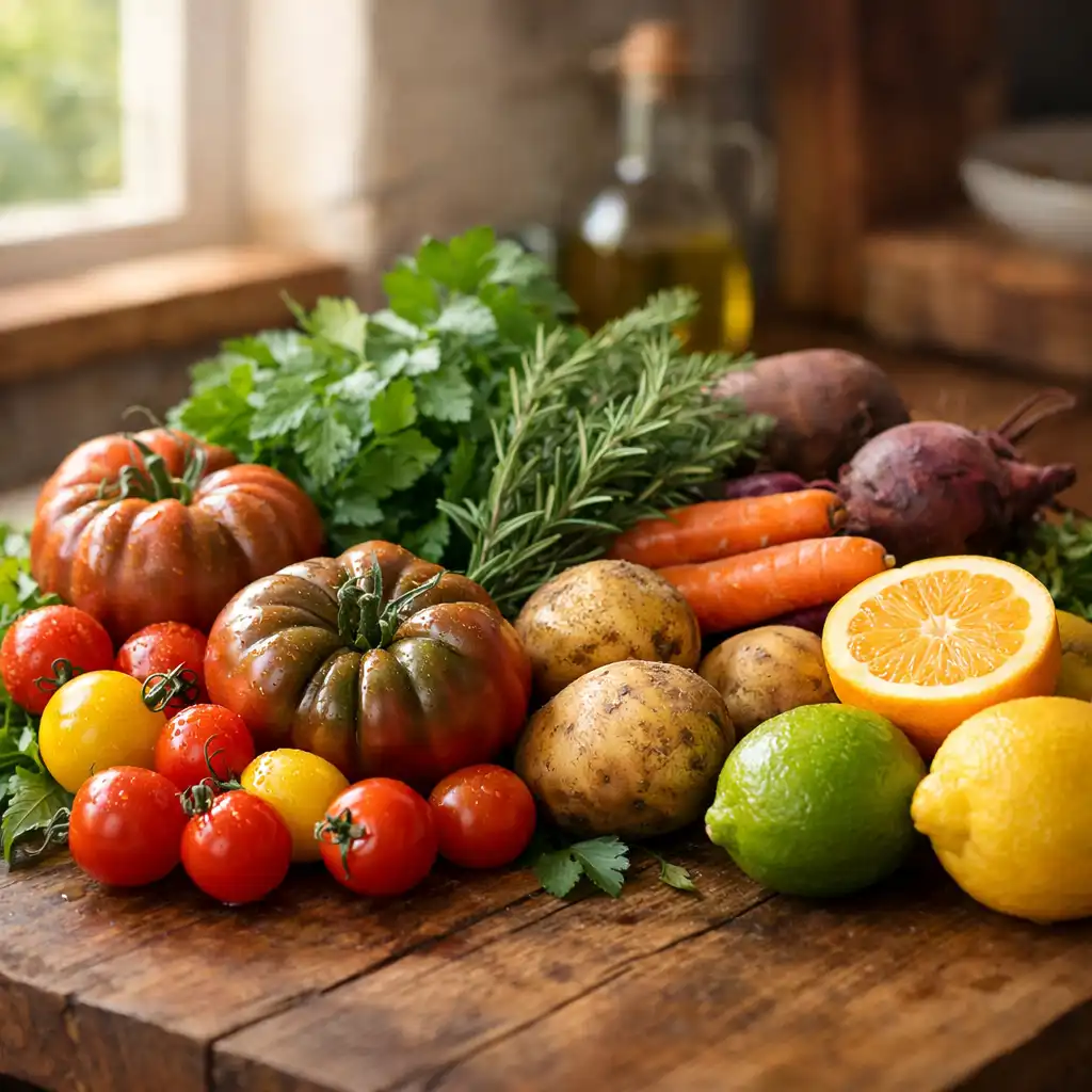 Seasonal Australian produce arranged on a rustic wooden table, including heirloom tomatoes, fresh herbs, root vegetables, and citrus fruits
