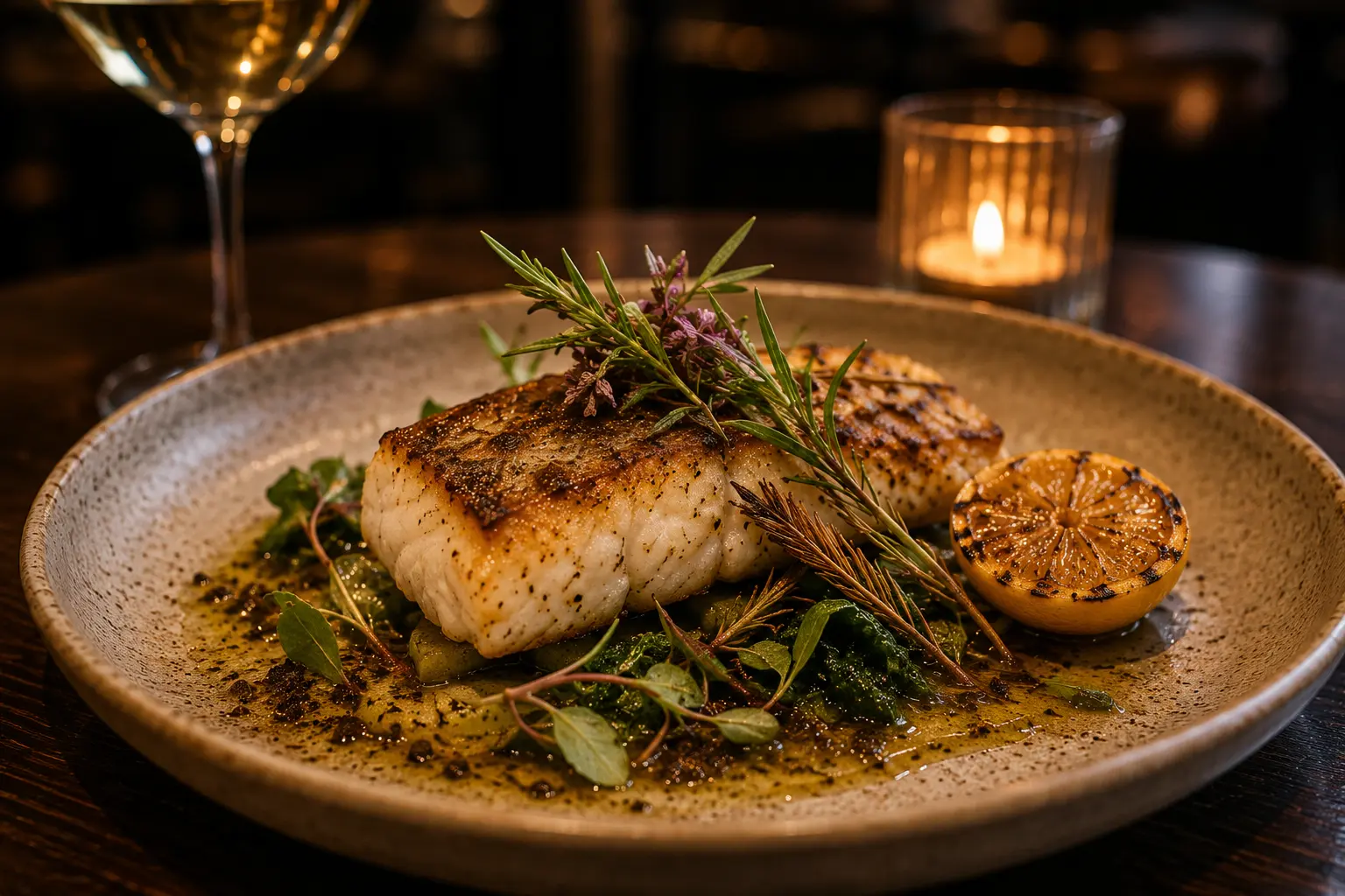 Wood-fired Murray cod with native herbs on a ceramic plate