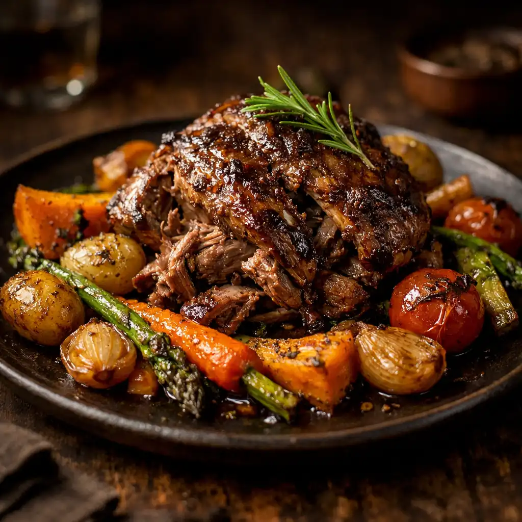Slow-cooked lamb shoulder with seasonal vegetables on a dark plate