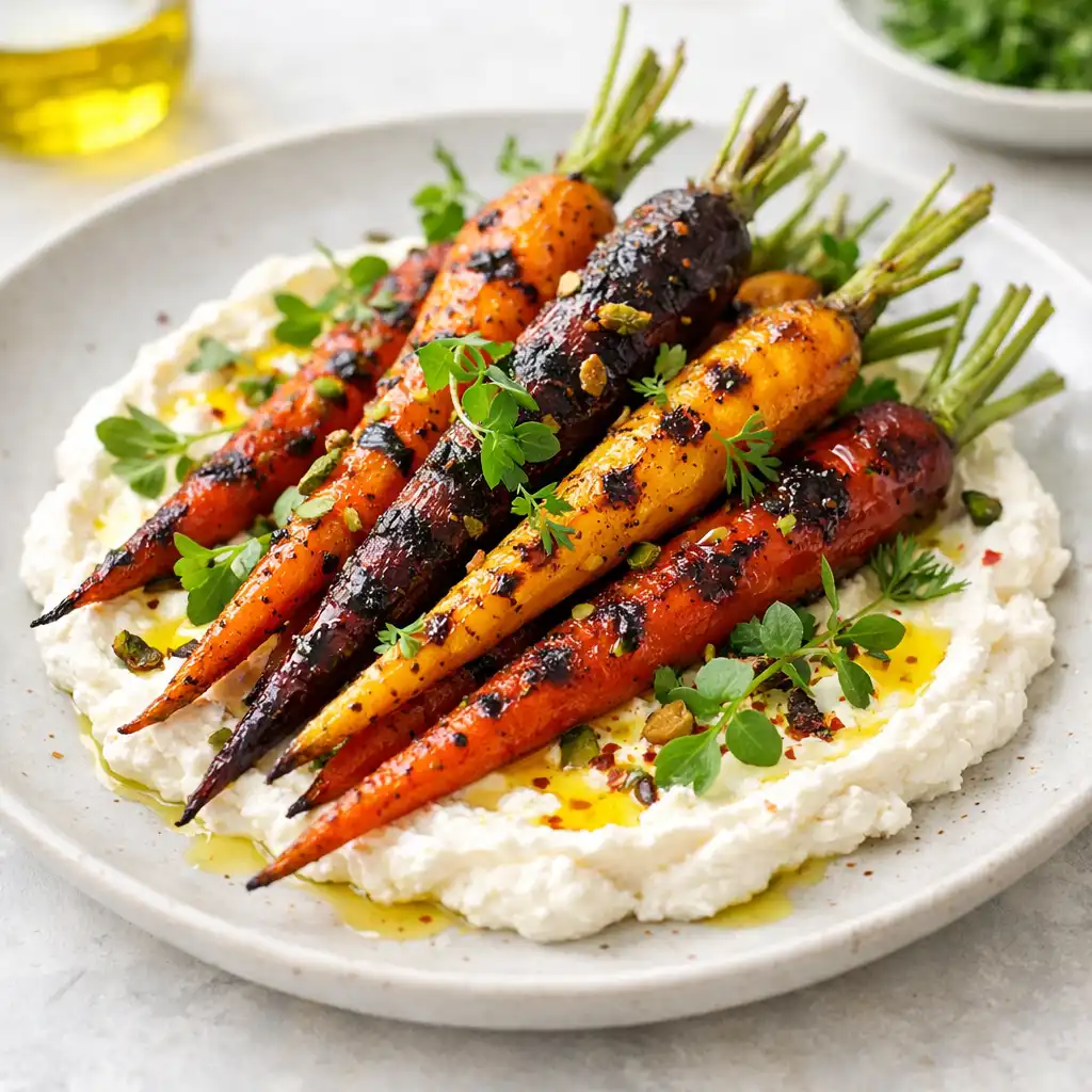 Charred heirloom carrots with whipped ricotta on a light plate