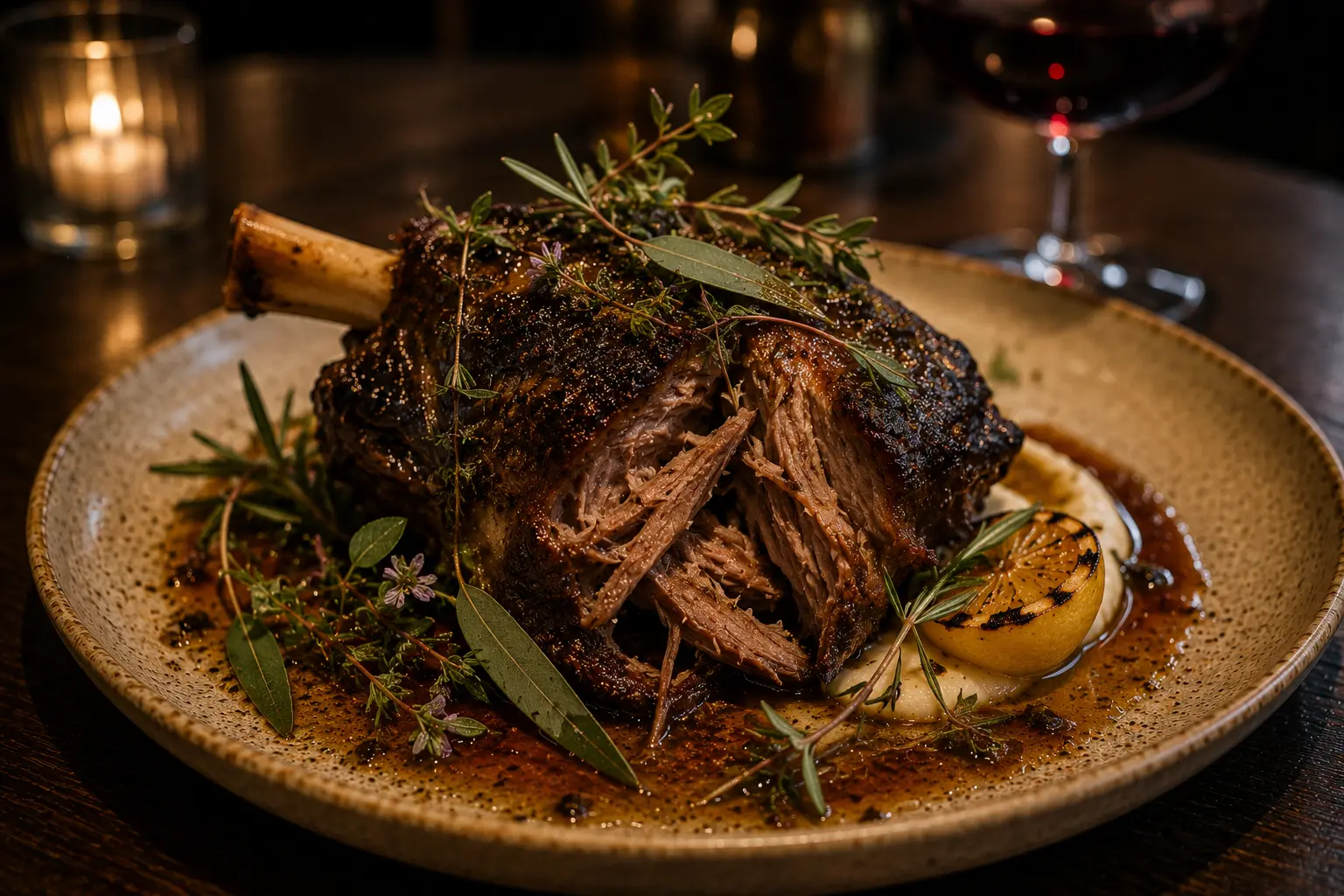 Slow-roasted lamb shoulder with native herbs