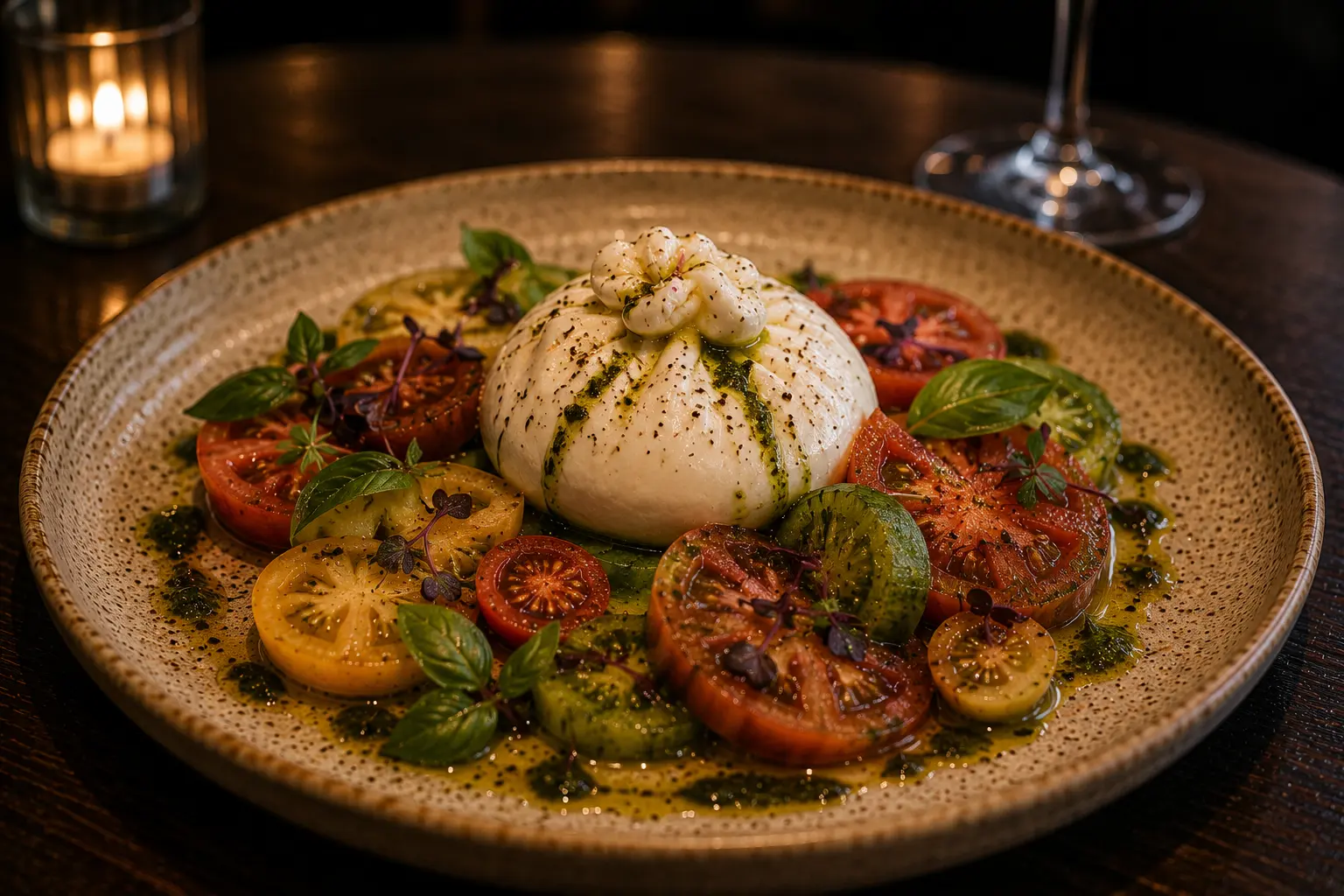 Heirloom tomato and burrata with basil oil