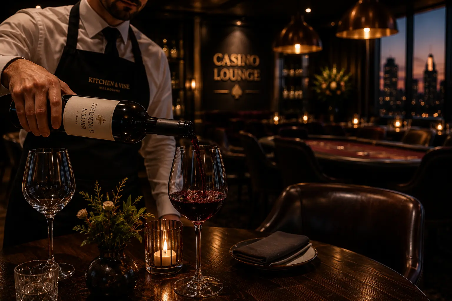 Sommelier pouring red wine into a glass at a candlelit table